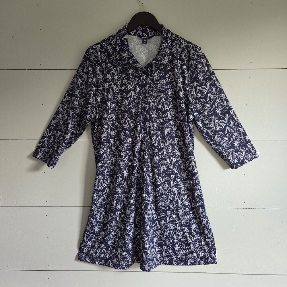 Lands' End Navy Floral Shirt Dress Collared Knee Length 3/4 Sleeve Button XL 18